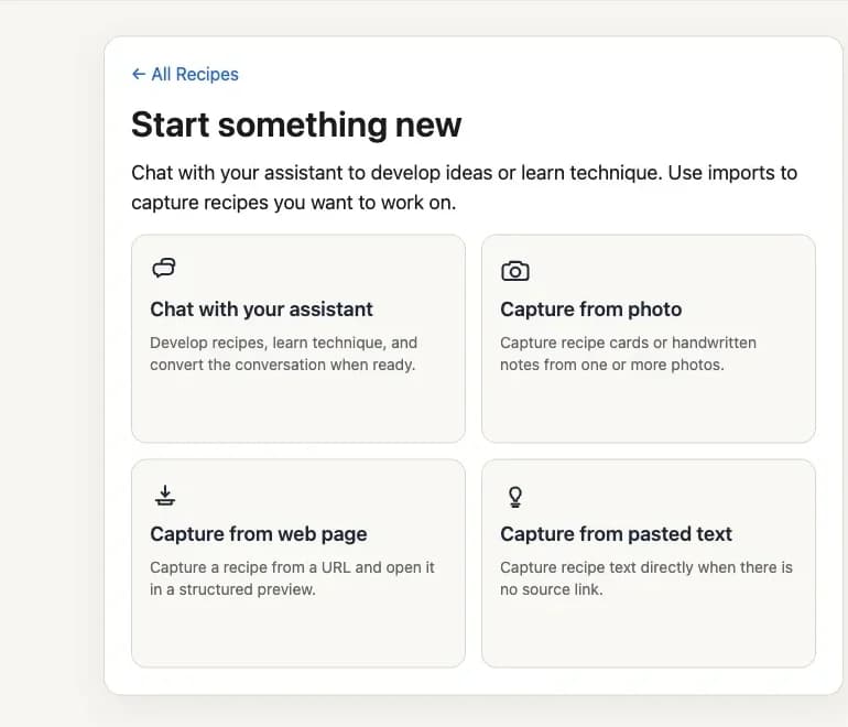 Recipe import screen with options to paste text or enter a URL