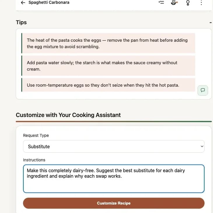 Typing a customization request to make a recipe dairy-free