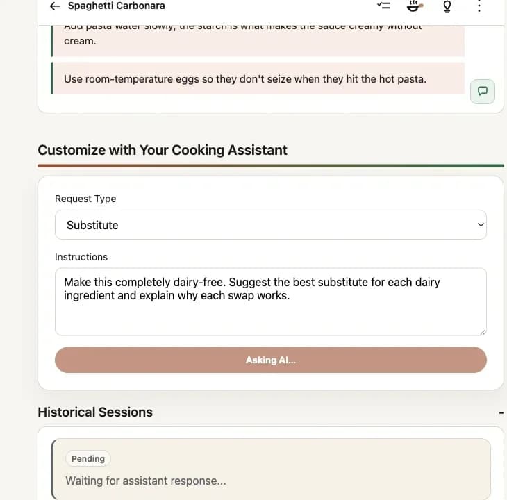 Assistant suggesting dairy-free substitutions for a recipe